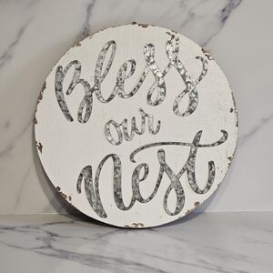 NWOT - "BLESS OUR HOME" Silver Tin Lettering Wood  Distressed Round Sign